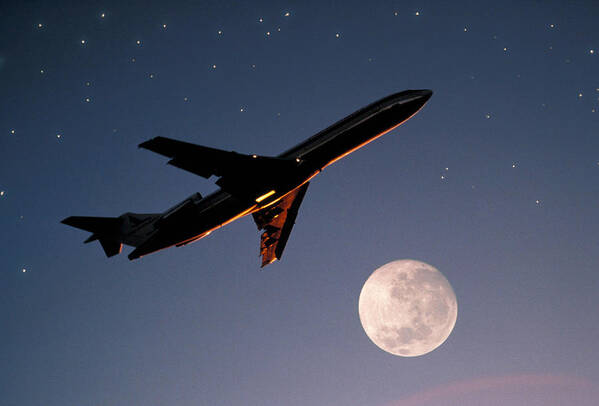 Vacation; Holiday; Adventure; Airborne; Aircraft; Airline; Airliner; Airliners; Airlines; Airplane; Airplanes; Airtravel; Aviation; Commercial; Flight; Flying; Full Moon; Jet; Journey; Moon; Moons; Plane; Planes; Skies; Sky; Stars; Transportation Art Print featuring the photograph Far Horizons by Gerard Fritz