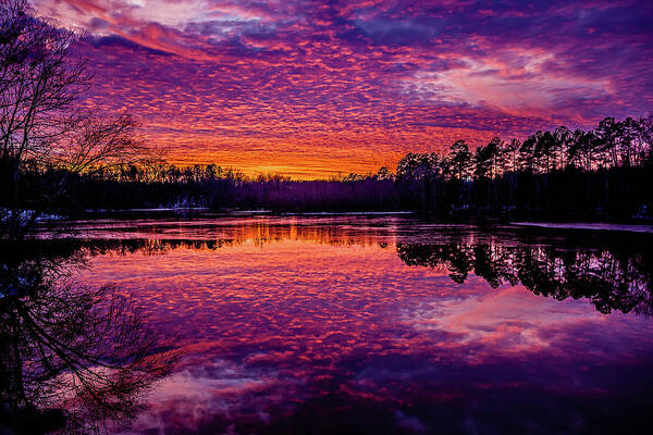 Sun Art Print featuring the photograph Fiery Red Sunset Over A Lake by Alex Grichenko