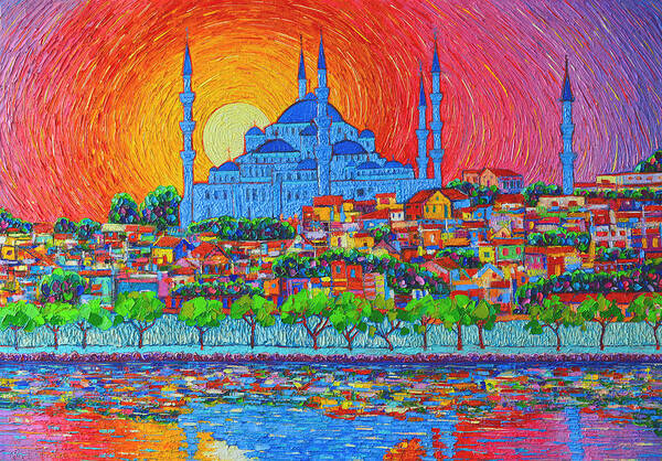 Istanbul Art Print featuring the painting Fiery Sunset Over Blue Mosque Hagia Sophia In Istanbul Turkey by Ana Maria Edulescu
