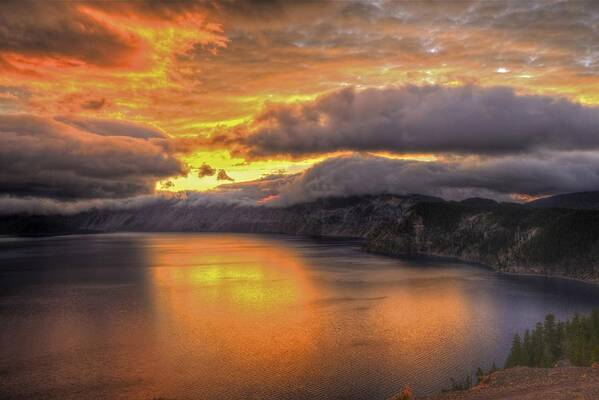 Crater Lake National Park Art Print featuring the photograph Fire in the Lake #1 by Don Mercer