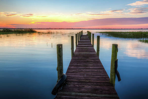 Boats Art Print featuring the photograph Fishing Dock at Sunrise by Debra and Dave Vanderlaan