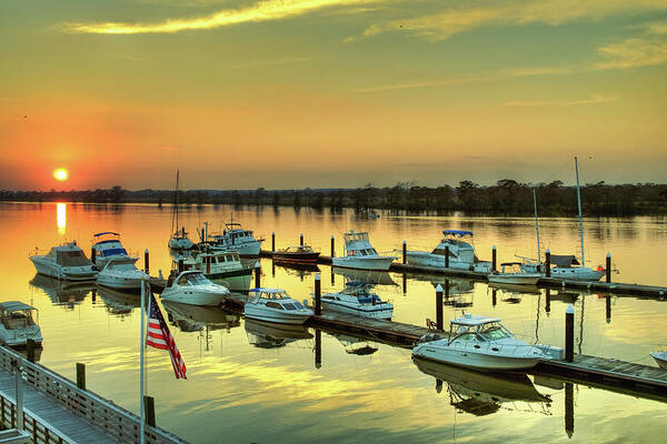 Heritage Marina Art Print featuring the photograph Flag over Heritage by Mike Covington