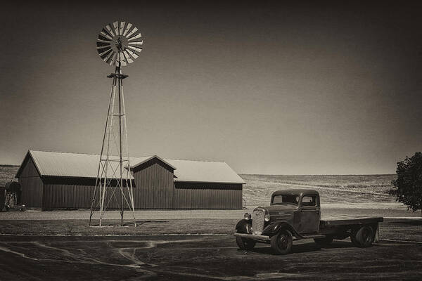 Washington Art Print featuring the photograph Flat Bed Chevrolet Truck and Windmill DSC05140 by Greg Kluempers