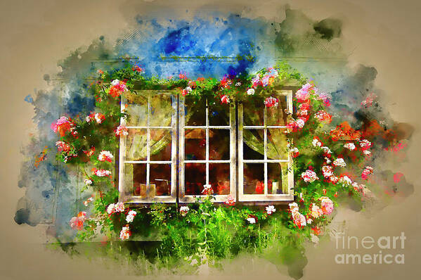 Digitally Painted Photograph Art Print featuring the photograph Floral Cottage Window by Jack Torcello