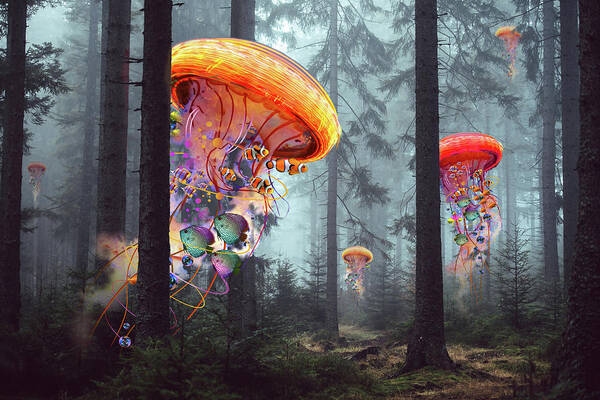 Forest Art Print featuring the digital art Forest of Jellyfish Worlds by David Loblaw