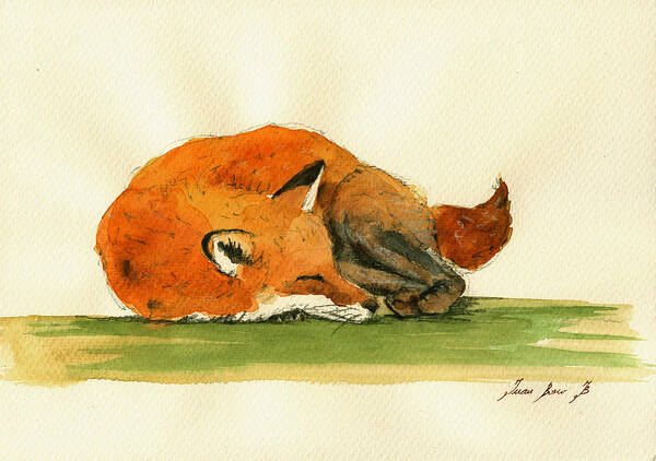 Fox Art Print featuring the painting Fox sleeping painting by Juan Bosco
