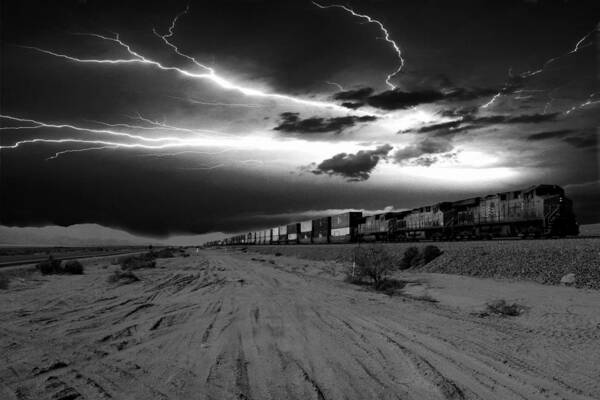 Freight Train Union Pacific Salton Sea Lighting Art Print featuring the photograph Freight Train Lighting by William Kimble