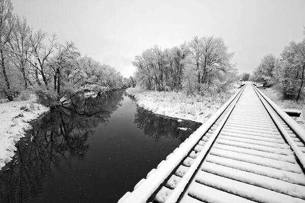 Fine Art Black And White Photography. Black And White Snow Photography.black And White Greeting Cards. Black And White Train Tracks Greeting Cards. Train Tracks In The Snow.black And White Infrared Photography. Black And White Photography. Art Print featuring the photograph Frosty Morning On The Poudre by James Steele