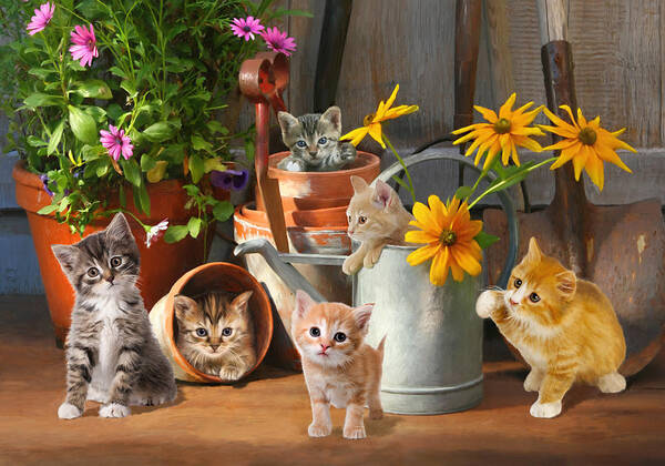 Garden Art Print featuring the digital art Gardening Kittens by Bob Nolin