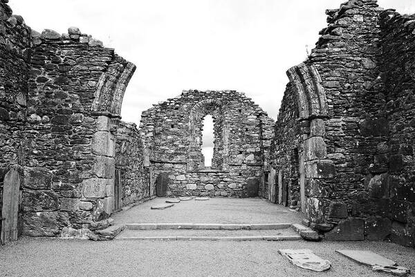 Glendalough Art Print featuring the photograph Glendalough Irish Monastic Site Cathedral of Saints Peter and Paul Ruins Wicklow Black and White by Shawn O'Brien