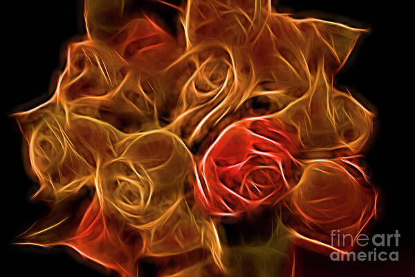 Flowers Art Print featuring the digital art Glowing Golden Rose Bouquet by Linda Phelps