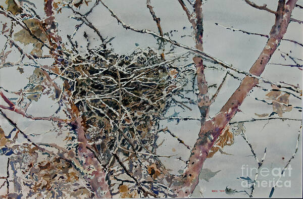 A Bird Nest In The Branches Of A Tree In Winter. Art Print featuring the painting Gone South by Monte Toon