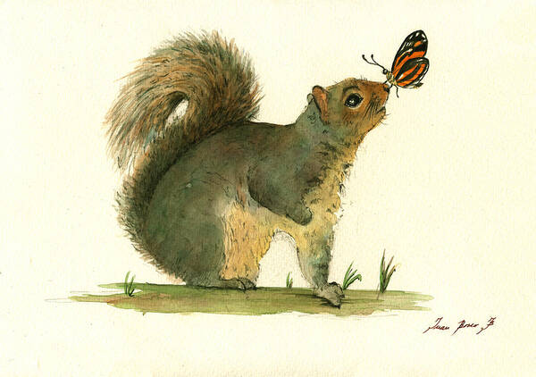 Squirrel Art Print featuring the painting Gray squirrel butterfly by Juan Bosco