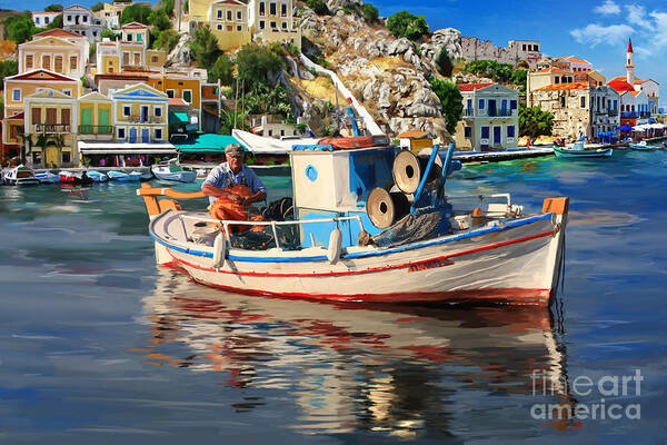 Greece Fisherman Art Print featuring the painting Greece Fisherman by Tim Gilliland