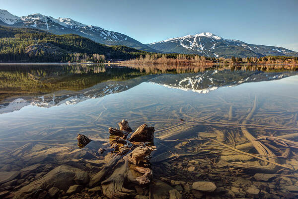 Whistler Blackcomb Art Print featuring the photograph Green Lake Reflection of Whistler Blackcomb by Pierre Leclerc Photography