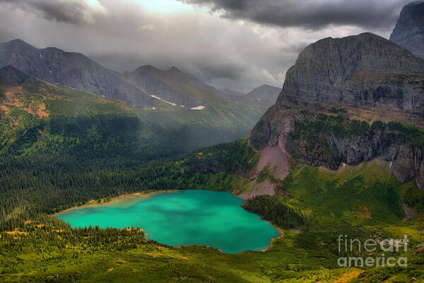 Grinnell Art Print featuring the photograph Grinnell Lake Shining Under The Storm by Adam Jewell