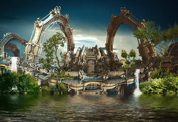 Sciencefiction Scifi Fantasy Grunge Dystopian Architecture Building Fractal Water Lake Steampunk Fractalart Mandelbulb3d Mandelbulb Art Print featuring the digital art Harmony House by Hal Tenny