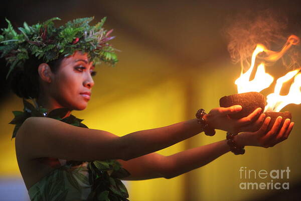 Fire Art Print featuring the photograph Hawaiian Dancer and Firepots by Nadine Rippelmeyer