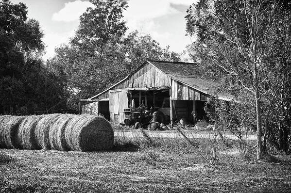 Alabama Photographer Art Print featuring the digital art Hay and the Old Barn - BW by Michael Thomas