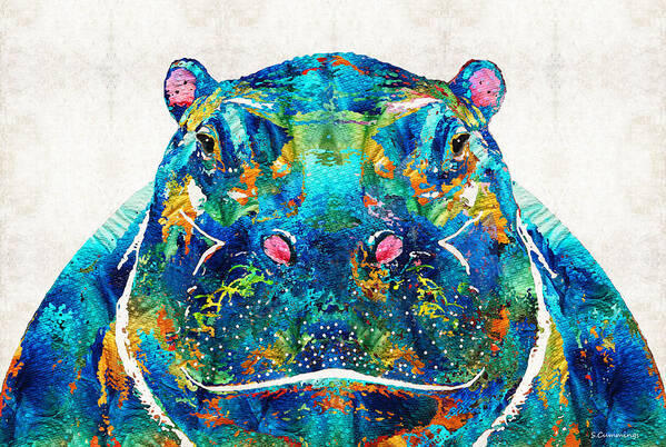 Hippopotamus Art Print featuring the painting Hippopotamus Art - Happy Hippo - By Sharon Cummings by Sharon Cummings
