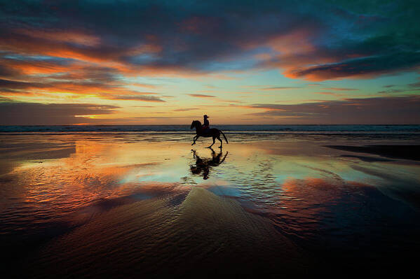 Horse Art Print featuring the photograph Horse Rider reflections at Widemouth Beach by Maggie Mccall