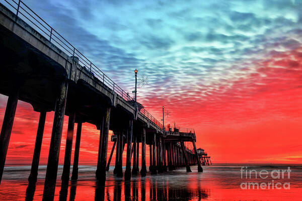 Ruby’s Art Print featuring the photograph Huntington Beach Pier Sunset by Peter Dang