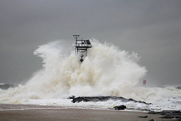 Beach Art Print featuring the photograph Hurricane Jose Wave at the Inlet Jetty by Robert Banach