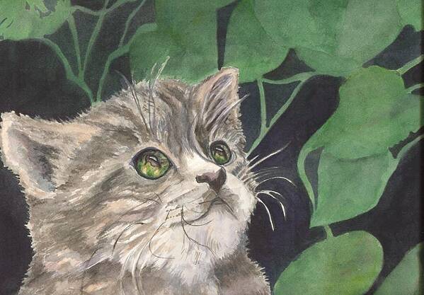 The Eyes Show What The Prey The Cat Is Hunting. A Grey Striped Cat. Art Print featuring the painting I see you by Charme Curtin