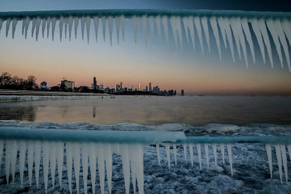 Icicles Art Print featuring the photograph Icicles and Chicago Skyline by Sven Brogren