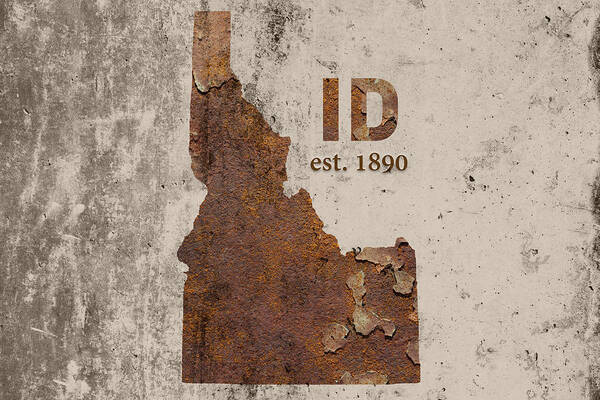 Idaho Art Print featuring the mixed media Idaho State Map Industrial Rusted Metal on Cement Wall with Founding Date Series 045 by Design Turnpike