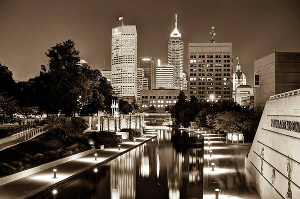 America Art Print featuring the photograph Indianapolis Indiana Skyline at Night - Sepia Edition by Gregory Ballos