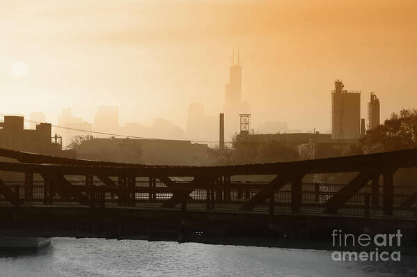 Chicago Art Print featuring the photograph Industrial foggy Chicago Skyline by Bruno Passigatti