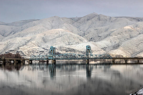 Lewiston Idaho Id Clarkston Washington Wa Lc-valley Lc Valley Pacific Northwest Lewis Clark Landscape Palouse Winter January Cold December Snake River Icy Snow Reflection Calm Water Hill Mountain Interstate Confluence White Frosty Frost Nice Beautiful Popular Art Print featuring the photograph January Blue Bridge by Brad Stinson