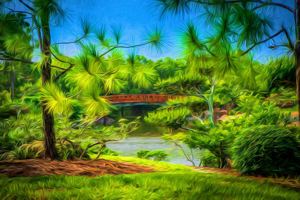 Reflections # Impressionist Art # Impressionistic # Tranquil Scene # Serenity Garden # Japanese Gardens # Water Reflections #lake # Rocks # Trees # Water # Bridge # Colorful Scene # Peaceful Park # Morikami #serenity Art Print featuring the digital art Japanese gardens by Louis Ferreira