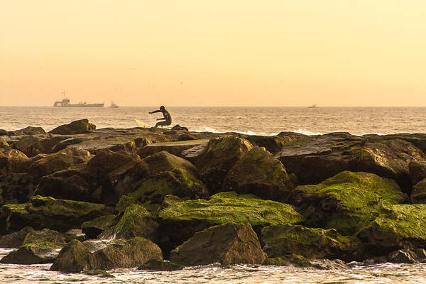 Surfer Art Print featuring the photograph Jetty Surfer by Kathleen McGinley