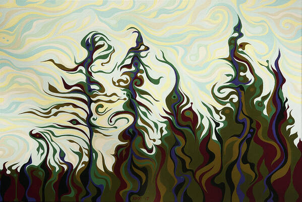 Tree Art Print featuring the painting Joyful Pines, Whispering Lines by Amy Ferrari