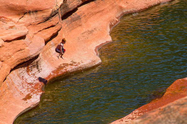 Jumping From Slide Rock Art Print featuring the photograph Jumping from Slide Rock by Bonnie Follett