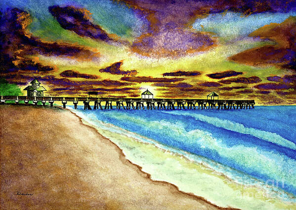Aqua Art Print featuring the painting Juno Beach Pier Florida Seascape Sunrise Painting A1 by Ricardos Creations