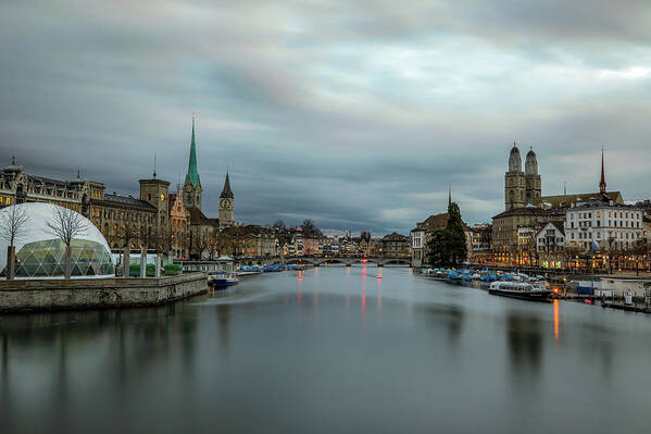 Hdr Composite Art Print featuring the photograph Just after sunset in Zurich by M C Hood