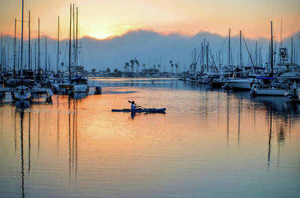 Kayak Sunset Water Boat Ventura Harbor Marina Art Print featuring the photograph Kayak sunset by Wendell Ward