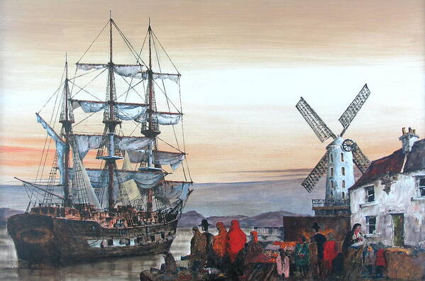 Famine Ship Art Print featuring the painting TRALEE.. IRISH CANADIAN LINKS.. KERRY. the JEANIE JOHNSTON famine ship in Blennerhasset. by Val Byrne