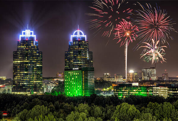 Sandy Springs Art Print featuring the photograph King And Queen Buildings Fireworks by Anna Rumiantseva