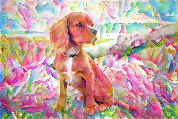 King Charles Spaniel Art Print featuring the digital art King Charles Spaniel Pastel Watercolors by Peggy Collins