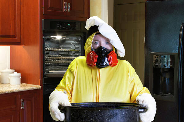 Burning Art Print featuring the photograph Kitchen disaster with HazMat suit by Karen Foley