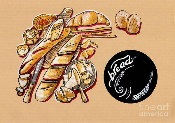 Food Art Print featuring the drawing Kitchen Illustration Of Menu Of Bread Products by Ariadna De Raadt