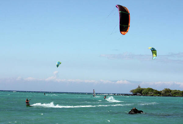 kite Surfers Art Print featuring the photograph Kite Surfers and Maui by Karen Nicholson