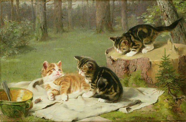Kittens Playing (oil On Canvas) By Ewald Honnef (19th Century) Art Print featuring the painting Kittens Playing by Ewald Honnef