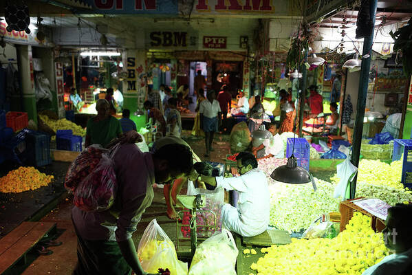 India Art Print featuring the photograph Koyambedu Flower Market Stalls by Mike Reid