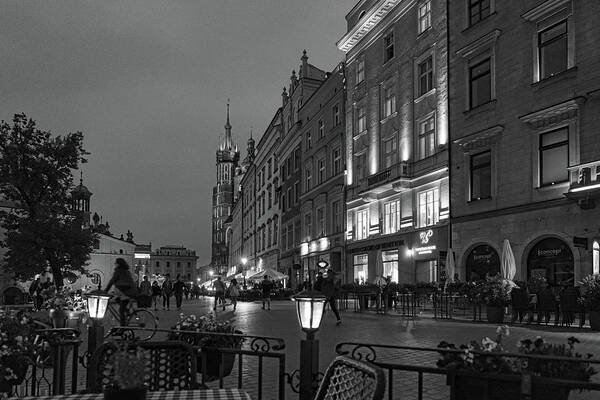 Central Europe Art Print featuring the photograph Krakow Nights Black and White by Sharon Popek