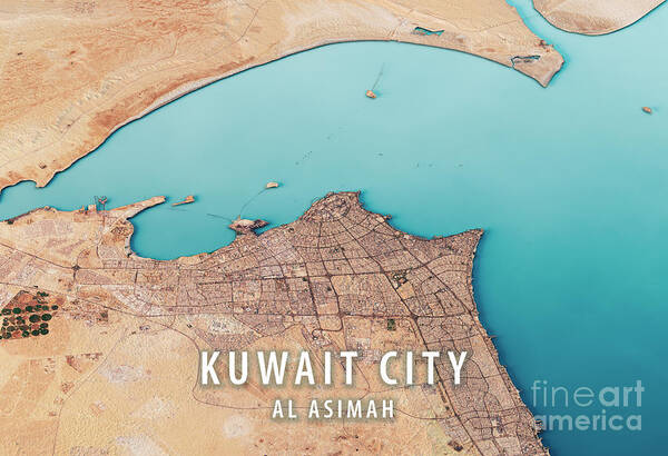 Kuwait City Art Print featuring the digital art Kuwait City 3D Render Satellite View Topographic Map Horizontal by Frank Ramspott